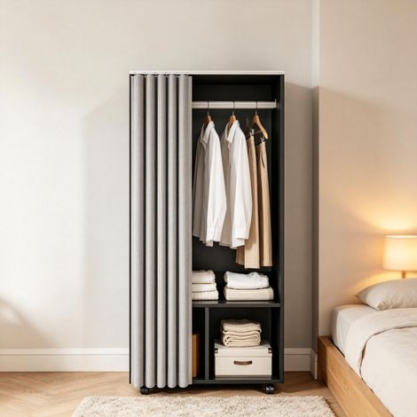 Armoire mobile pratique en panneaux de particules robustes avec rideau en tissu opaque, idéale comme armoire de rangement et de suspension flexible pour les vêtements. (1/5)