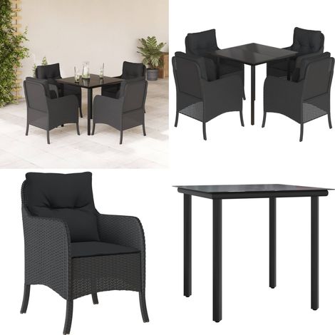 5-tlg. Garten-Essgruppe mit Kissen Schwarz Poly Rattan - Gartenstuhl - Gartentisch (1/5)