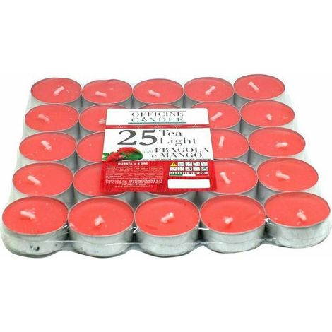 TRADE SHOP - Set 25 Pezzi Candele Rosse Profumate Fragranza Fragola E Mango Tealight Lumini -
