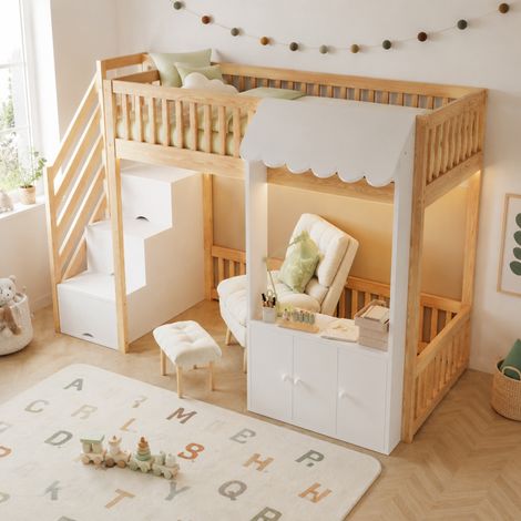 Etagenbett 90/200 cm aus Holz mit Stauraumtreppe und mehrfarbiger LED-Lichtleiste (1/5)