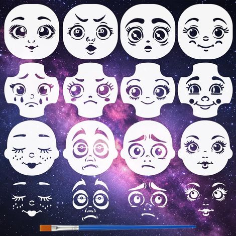 12 Pièces Pochoirs de Peinture d'Expression Faciale avec Pinceau 10x10cm Gabarit de Dessin de Visage Cartoon Réutilisable Pochoir d'Art de Visage Gabarit de Thème Personnage pour Meuble (1/5)