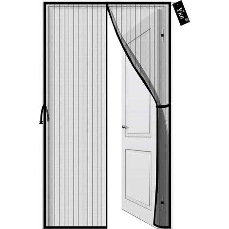 Moustiquaire pour Porte 90 x 220 cm, avec Boucle Latérale, Maille en Polyester Renforcée, Système de Fermeture par Aimants, pour Balcon, Terrasse et Porte d’Entrée, Noire (1/5)