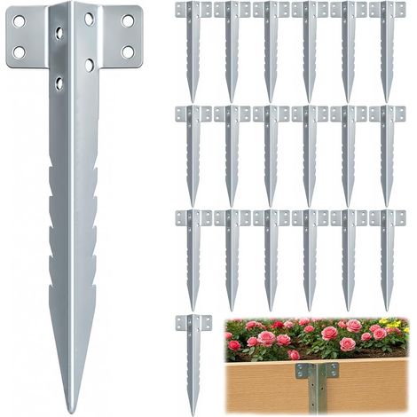 Lot de 20 supports dentelés pour traverses de chemin de fer, piquets en acier galvanisé de 25 cm, fixations en bois dentelées robustes pour lits surélevés, bordures de jardin, allée, bordure de chemin (1/5)
