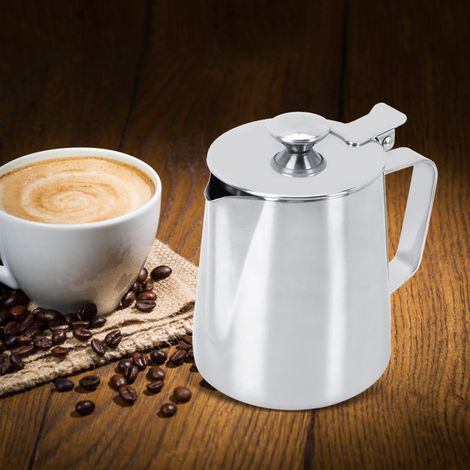 350 ml Milchkännchen/Becher/Tasse aus Edelstahl mit Deckel für Milch, Latte Macchiato und andere Kaffeespezialitäten (1/5)