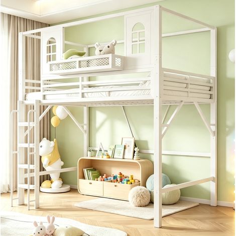 Cama alta infantil 90x200 cm de metal blanco con techo y escalera (1/5)