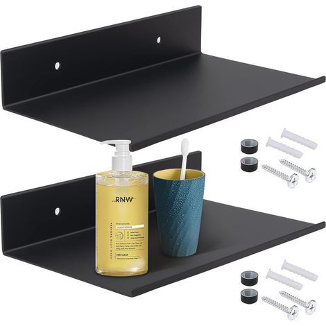 Ensemble de 2 étagères murales métalliques, étagère flottante suspendue en forme de L noire, charge maximale 10 kg, étagères de rangement murales, gain de place - 20 cm - - (1/5)