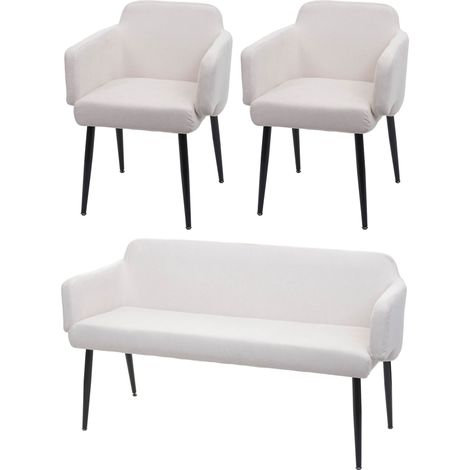 Set 2x sedie con braccioli e panca da interni elegante moderno HHG-073 legno tessuto avorio bianco (1/5)
