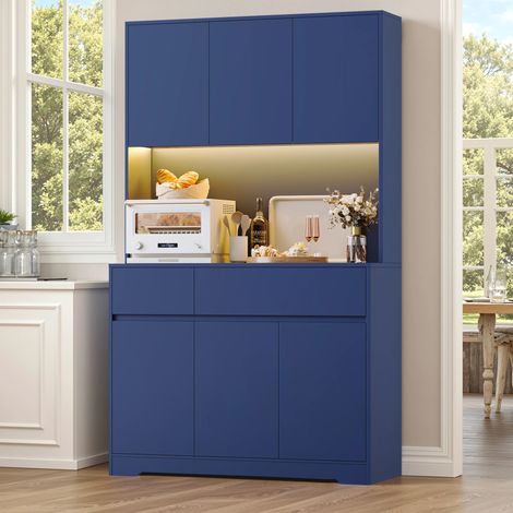 Meuble Cuisine Rangement avec LED, Buffet Cuisine avec 2 prises 2 USB, Meuble Cuisine, Vaisselier avec Étagère Réglable 6 Portes 2 Tiroirs 100x38.5x180cm-Blue (1/4)