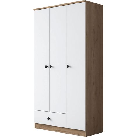 Guardaroba 3 Ante Infine, Armadio Camera da Letto Appendiabiti, un Cassetto, 5 Ripiani, 90x43 cm Marrone Rovere