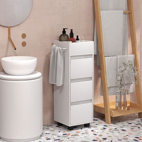 Meuble de rangement pour salle de bain avec 4 compartiments. 3 tiroirs et porte-serviettes. dim. 35 x 30 x 90 cm. blanc
