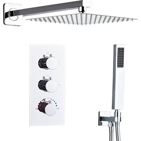 Sanitemodar – Colonne de douche thermostatique encastrée noire – Douche de plafond 30x30cm – Douchette à main – Acier inoxydable – Température constante 38°C