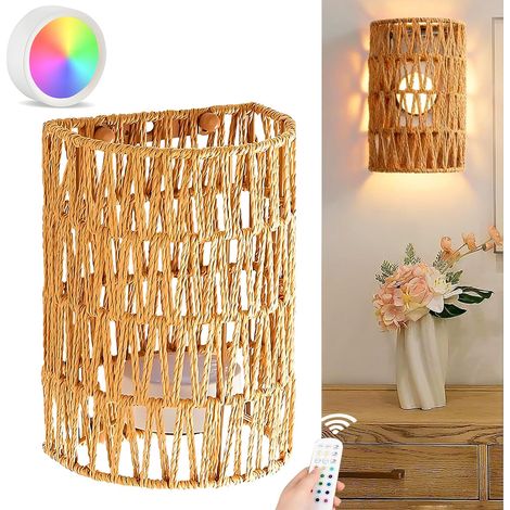 Applique Murale LED Accu Sans Fil Boho Intérieure avec Télécommande RGB Lampe Murale Dimmable Vintage en Rattan pour Table de Nuit pour Chambre à Coucher, Salon, Escalier, Couloir (1/5)