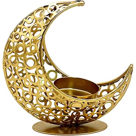 Bougeoir en métal en forme de lune, porte-bougie chauffe-plat pour décoration islamique du Ramadan, idéal pour un anniversaire ou pour la décoration intérieure.-Gold Without Star (1/5)