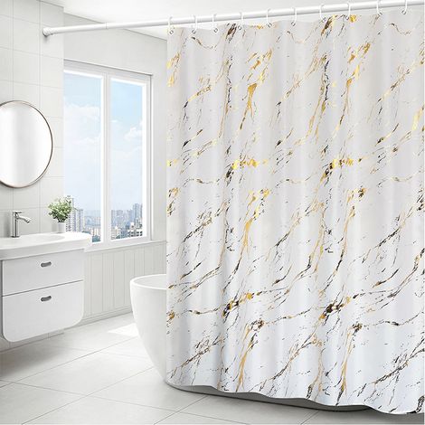 Rideau de douche avec crochets (180 x 200 cm), bleu clair marbré blanc/or, polyester imprimé métallisé. (1/5)