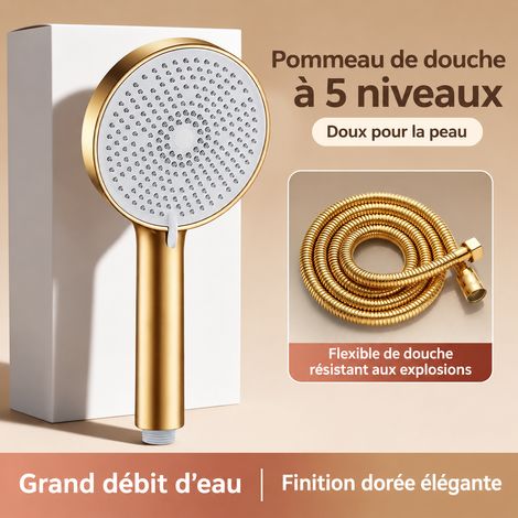 Ensemble doré 3 pommeau de douche 5 modes à grand panneau avec flexible de 2,0 m salle de bain 27 × 4 × 13 cm 290 g – Livraison gratuite (1/4)