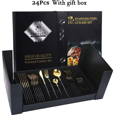 Coffret cadeau de couverts en acier inoxydable (doré et noir) : couteau, fourchette, cuillère (1/5)