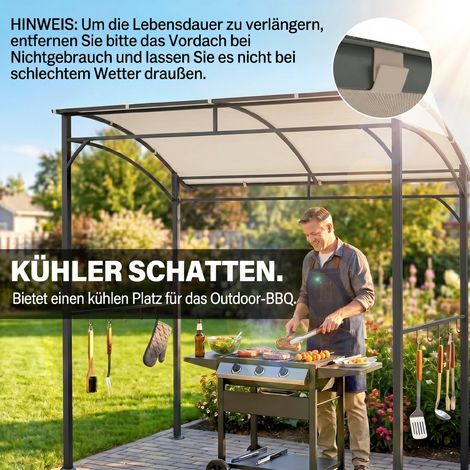 Pavillon de barbecue avec auvent, protection pluie, crochets pour ustensiles, cadre en acier, beige et noir, 215 x 150 x 182/220 cm (1/5)