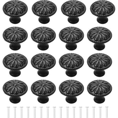Bouton de Porte Noir 16Pcs Poignee de Meuble Cuisine Boutons de Tiroir Boutons de Placard Vintage Ronds Poignées Bouton de Meuble Avec Vis Pour Commode Placard Cuisine