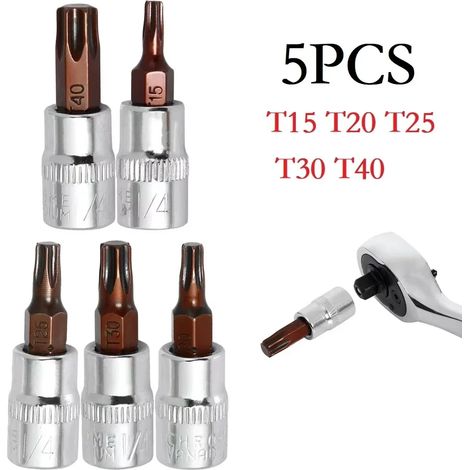 (Rose) Lot de 5 embouts de tournevis Torx, entraînement 1/4 pouce, têtes de douille T15, T20, T25, T30, T40, adaptateur pour clé à douille, outils à main (1/5)