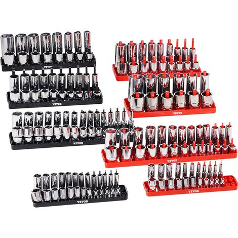 VEVOR Set di Organizzatore per Prese, 8 Pezzi Supporto per Prese ad Asta Alta, Attacchi per Prese SAE 1/4 3/8 1/2 Pollici Nero Rosso Contengono Fino a 176 Prese Standard Profonde, Presa Non Inclusa