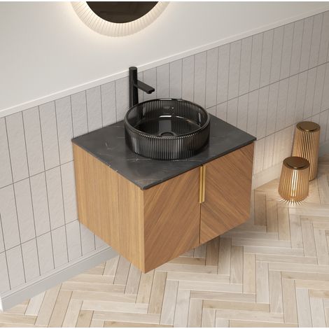 Mueble de baño suspendido 61 cm, lavabo redondo de vidrio, encimera de piedra sinterizada, madera roble marrón, negro (1/5)