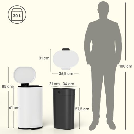 Poubelle cuisine 30L, pédale métal, couvercle silencieux à fermeture douce, blanc crème, dimensions 36,5x31x61 cm, seau à déchets avec ouverture au pied (1/5)