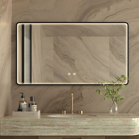 Miroir-Salle-de-Bain-avec-Eclairage 100×60cm,Anti-buée,3000K-6500K,Dimmable,Mémoire,Verre antidéflagrant HD,IP44,cadre noir,Miroir lumineux de salle de bain (1/5)