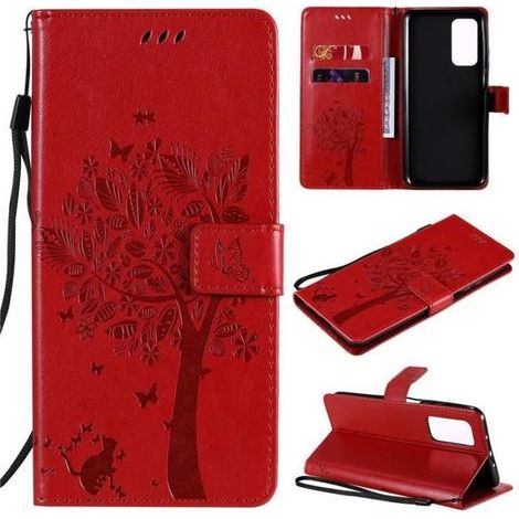 Coque Pour Xiaomi Redmi Note 10 4G-Note 10S 6.43\" Etui Rouge Cat Arbre Housse Téléphone Cuir étui à rabat Magnétique case-Ywey