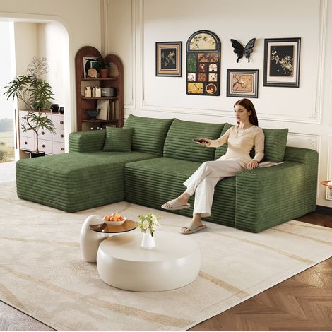 Canapé d’angle in tessuto verde modulare con chaise longue reversibile, senza montaggio (1/5)
