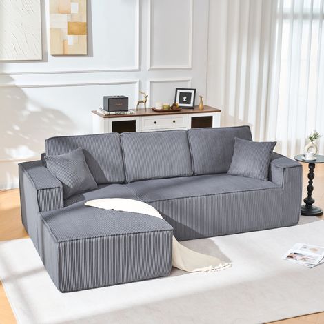 Ecksofa 235x128x60 cm grau aus Cord mit Chaiselongue und 2 Kissen (1/5)