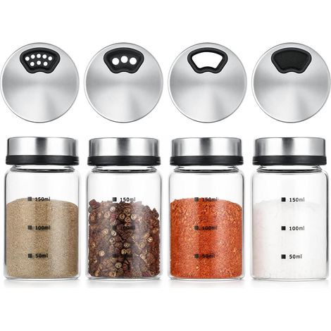 Salières et Poivrières en Verre 4x150ml – avec échelle & bouchons réglables – passe au lave-vaisselle, sans BPA – pour cuisine & camping (1/5)