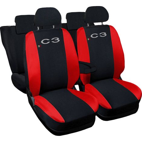 Lupex shop - Coprisedili Auto Compatibili per C3, Made In Italy, set di copri sedili anteriori e posteriori con copri poggiatesta incluso, tessuto poliestere, colore - Nero / Rosso