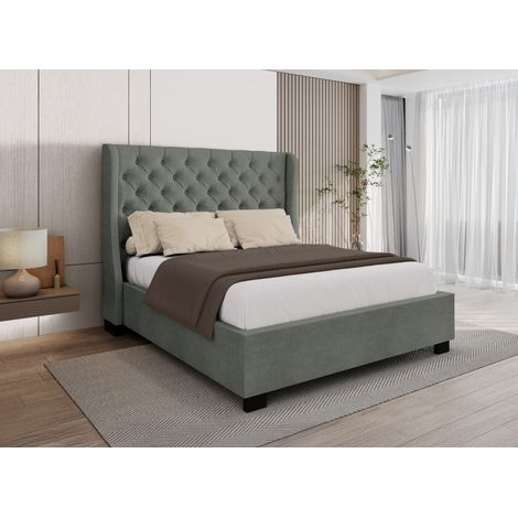 Lit coffre capitonné en tissu lin gris FLORINE 140 x 190 cm (1/5)