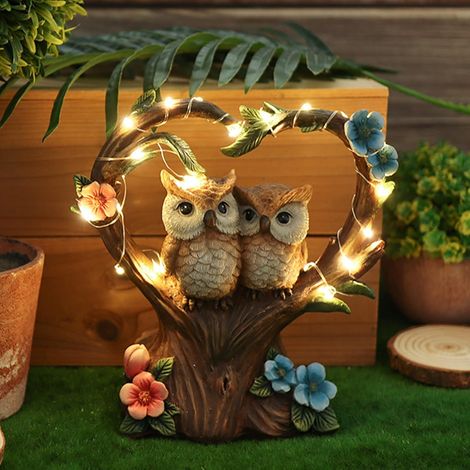 Lumières solaires en Forme de Chouette,Statue Extérieur Animaux Décoration,Lampe Solaire à LED éTanche en RéSine,Figurines Jardin Couple
