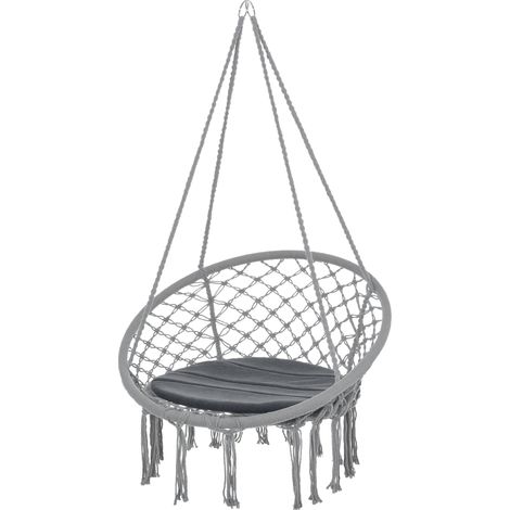 Sedia sospesa rotonda Ø 60 cm, amaca con cuscino e corda di cotone per uso interno ed esterno, 80x80x42 cm, grigia