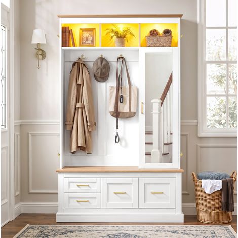 MEUBLIV Vestiaire d'entrée blanc 110x32x180 cm – miroir, LED et rangements intégrés (1/5)