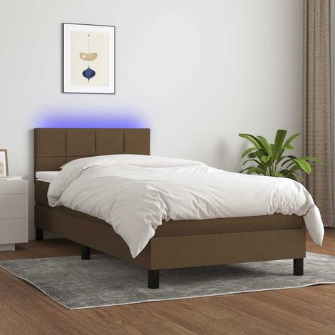 Cama box spring colchón luces LED tela marrón oscuro 100x200cm (1/5)
