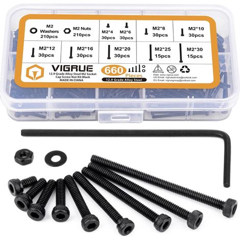 660Pcs M2 vis ensemble noir, M2 x 4/6/8/10/12/16/20/25/30 mm Hex prise tête capuchon vis écrous rondelles Kit d'assortiment, 12,9 grade acier allié vis assorties, entièrement fileté à la machine