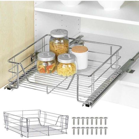 Tiroir coulissant cuisine pour placard "Midi", aménagement intérieur placard, Espace rangement supplémentaire, Acier, 40x43x15 cm, Chromé
