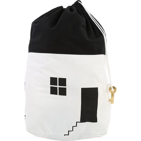 Sac de rangement jouets enfants à cordon, grande capacité, design maison, blanc (1/5)