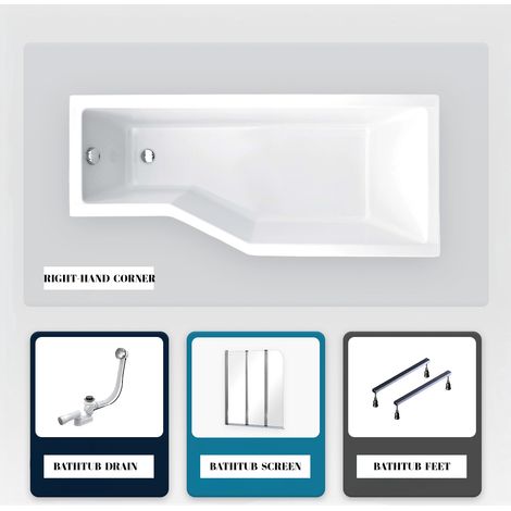 Asymmetrische Badewanne - 150 x 75 cm - Rechts - ohne Verkleidung - mit Füßen - 3-teilige Duschabtrennung - Ablaufgarnitur Chrom - INTEGRA