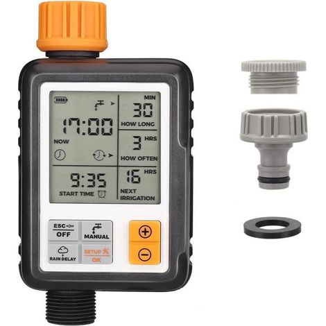 Temporizador de riego automático, controlador de riego por goteo, resistente al agua y apto para exteriores, múltiples modos, pantalla LCD de 3", riego para jardín, granja, césped y flores. (1/4)