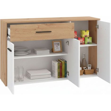 Vitrine Sanza, Sideboard mit Schublade, 2 Regalböden, Schwenk- und Schiebetüren, 119x33x80,5h cm Weiß