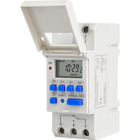 Horloge Programmable Programmateur Tableau Electrique Minuterie Numérique Programmes AC220 V Interrupteur Horloge Digitale Modulaire avec Grand LCD Écran Hebdomadaire sur Rail DIN (Gris) (1/5)
