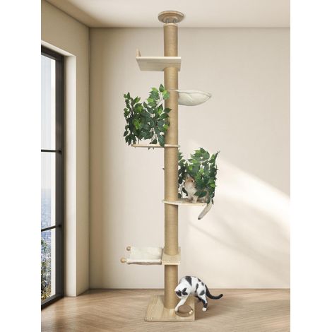 Arbre à chat mural plafond réglable, griffoir haut avec hamac, plateforme et jouets, pour grands chats, bois massif (1/5)