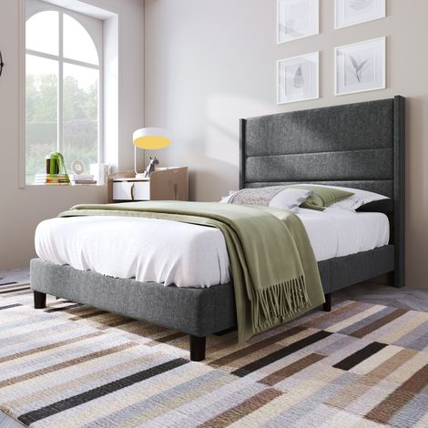 Lit rembourré en tissu lin gris foncé 90x200 cm avec tête de lit et sommier à lattes inclus (1/5)