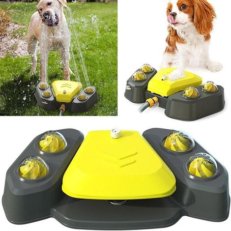Fontaine à eau pour chien, distributeur d'eau d'extérieur pour animaux de compagnie avec 4 buses de pulvérisation réglables, jouet à boire et à rafraîchir activé par étapes avec raccord de tuyau (1/5)