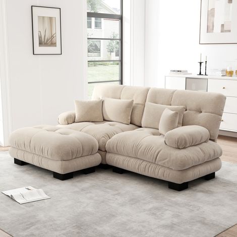 Sofá modular de chenilla café claro con otomanas móviles y cojines (1/5)