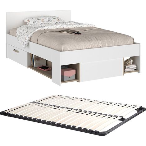 Letto 120 x 190/200 cm Con vani portaoggetti Bianco e naturale + Rete - KINSELIA (1/5)