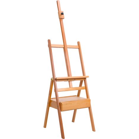 Chevalet en bois pliable et réglable avec 1 tiroir, en forme de H, 44×44,5×190 cm, finition bois. (1/5)